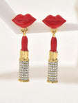 Stainless Steel Resin Lips Lipstick Rhinestone Earrings